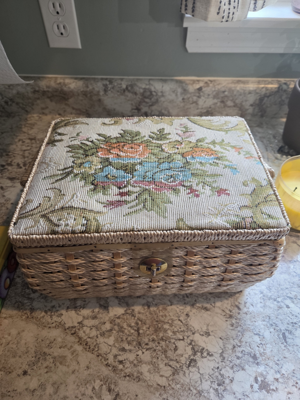 Vintage Floral Tapestry Sewing Box W/Gold Satin Lining and sewing accessories